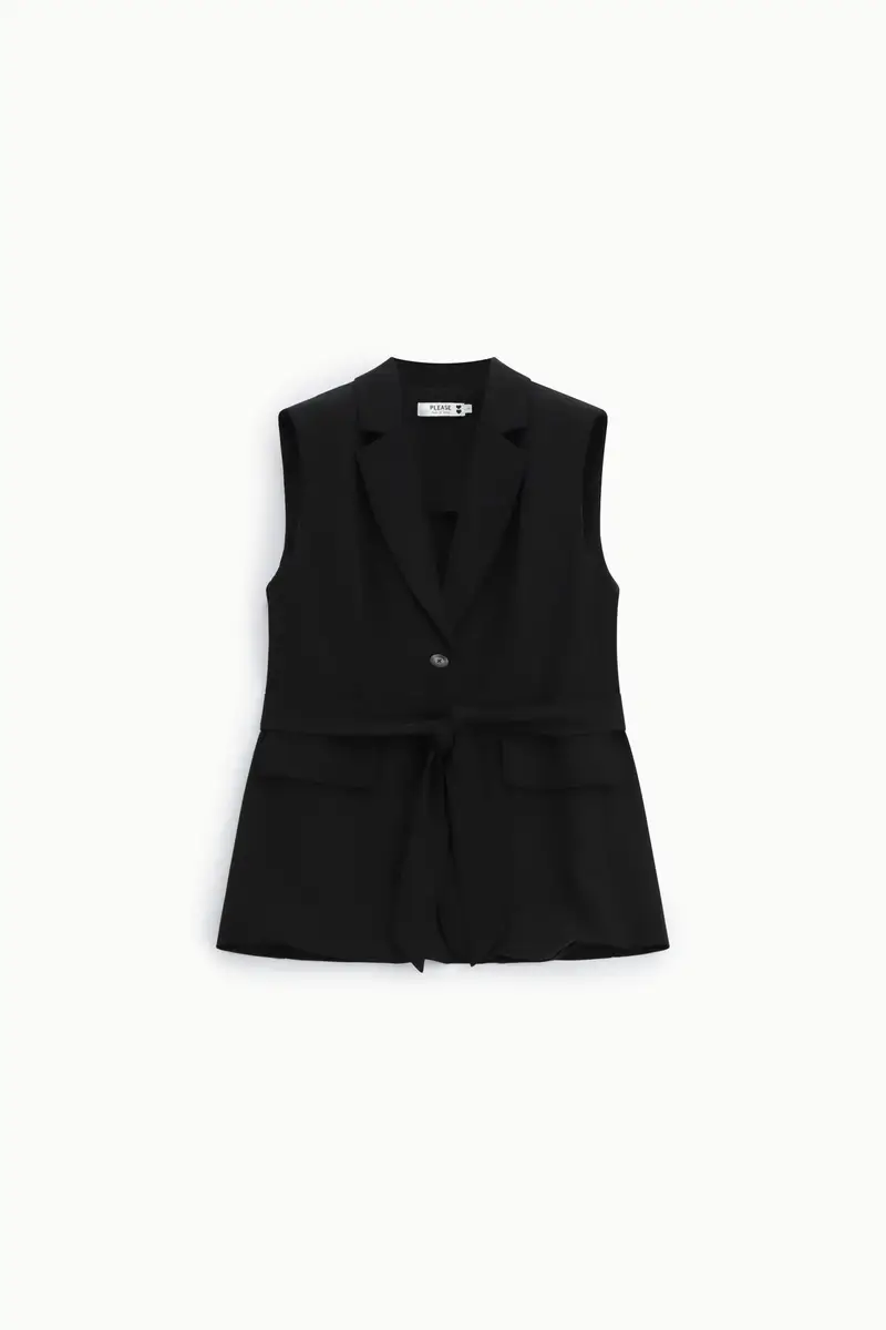 Gilet monopetto con cintura e tasche frontali Nero