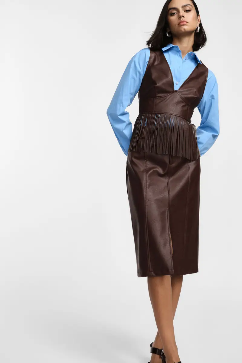 Gonna a tubino vita alta con tasche frontali Moro miniatura 2