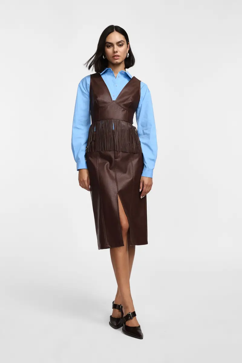 Gonna a tubino vita alta con tasche frontali Moro miniatura 3