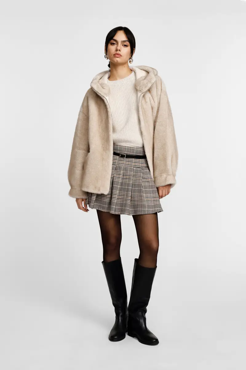 Gonna corta a pieghe fantasia check cintura Beige miniatura 2