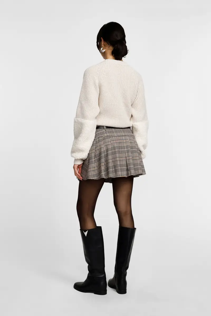 Gonna corta a pieghe fantasia check cintura Beige miniatura 3