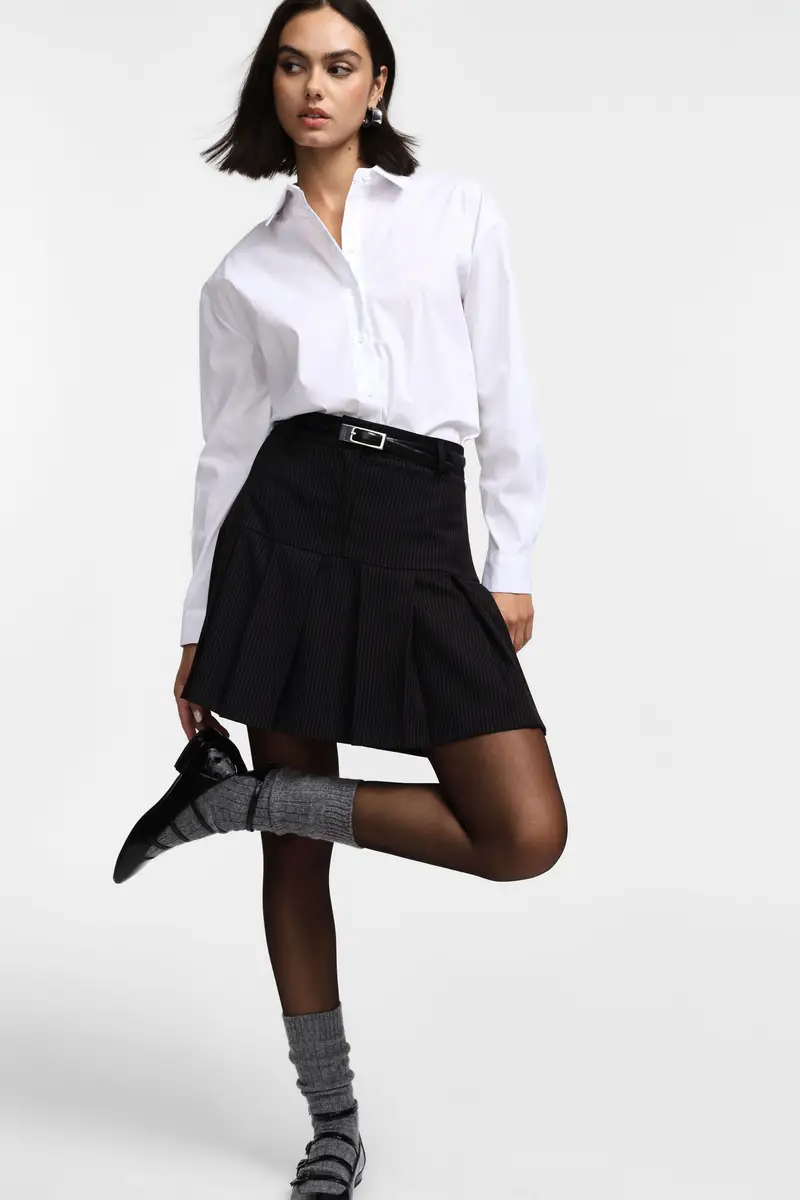 Gonna corta a pieghe vita alta rigata Nero miniatura 2