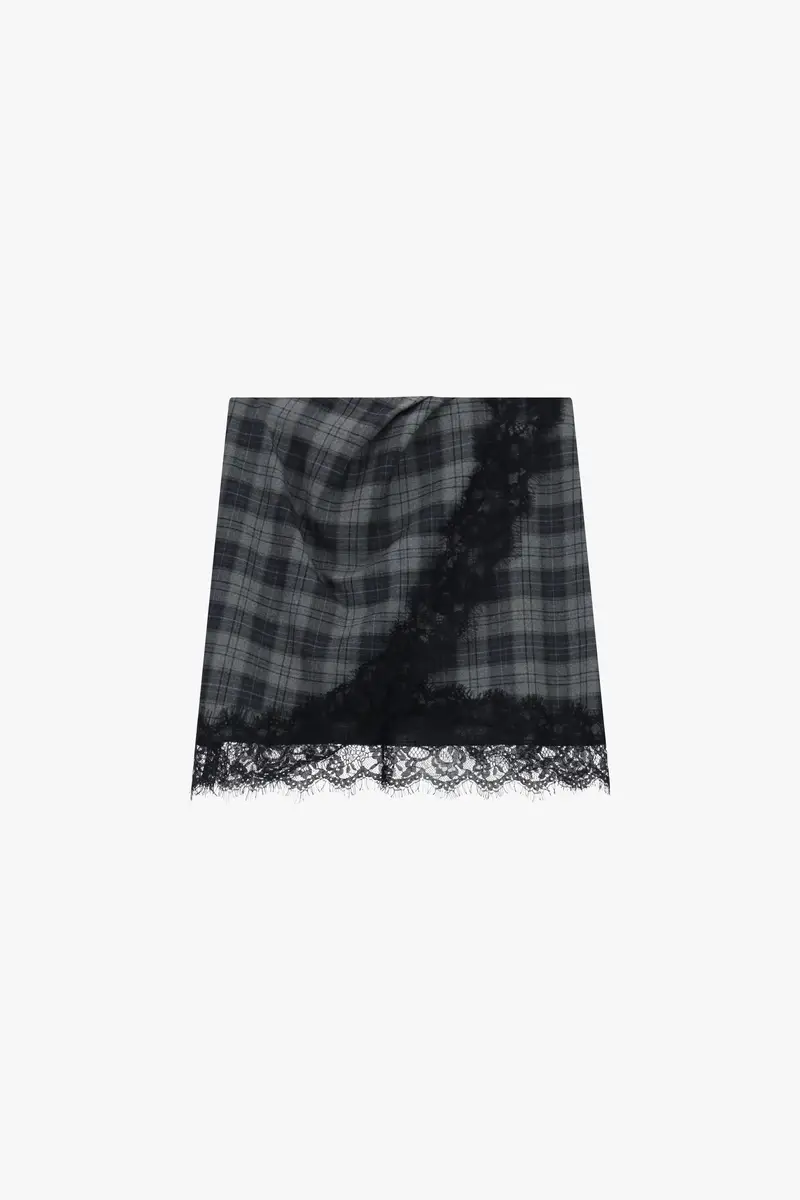 Gonna corta a quadri con bordo in pizzo Grigio medio