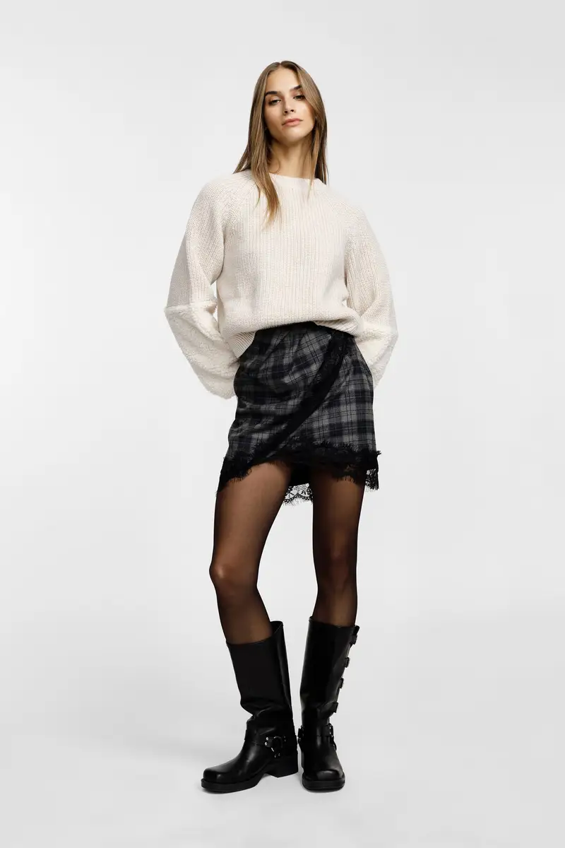 Gonna corta a quadri con bordo in pizzo Grigio medio miniatura 2