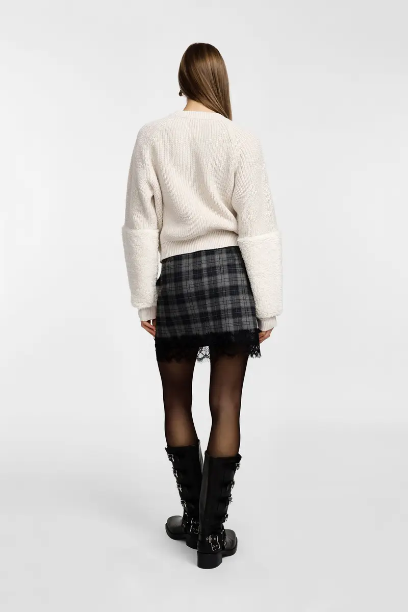 Gonna corta a quadri con bordo in pizzo Grigio medio miniatura 3