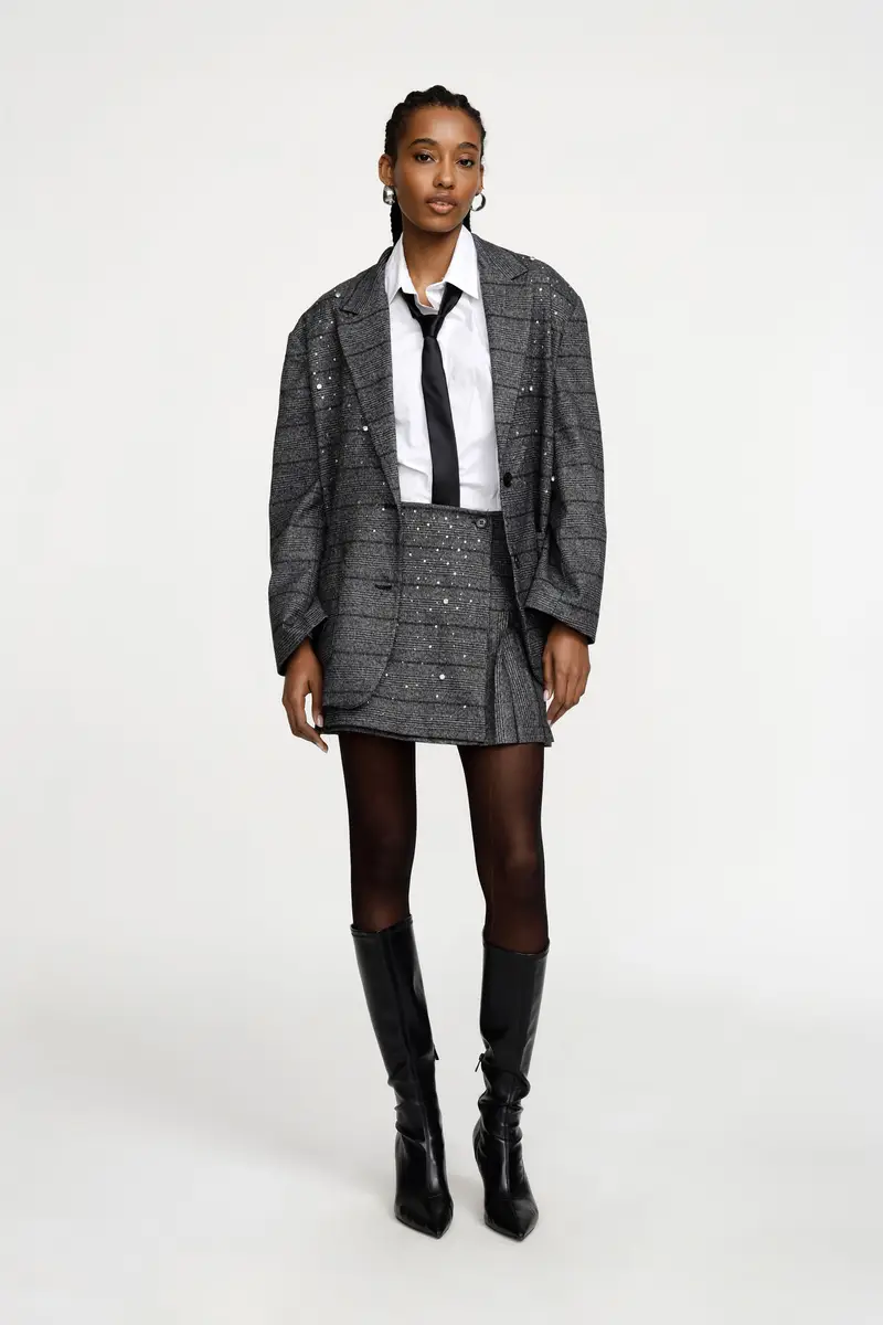 Gonna corta plissettata con bottoni e strass Nero miniatura 2