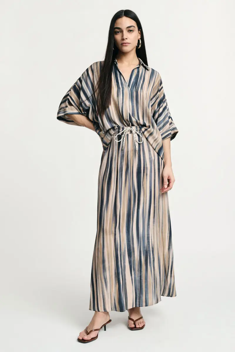 Gonna lunga a righe con coulisse regolabile Beige miniatura 2