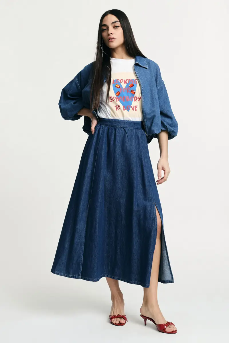 Gonna lunga ampia con spacco laterale Blu denim miniatura 2