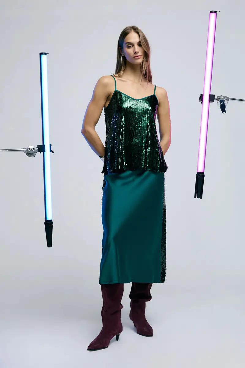 Gonna lunga con pannelli laterali a paillettes Verde scuro miniatura 2