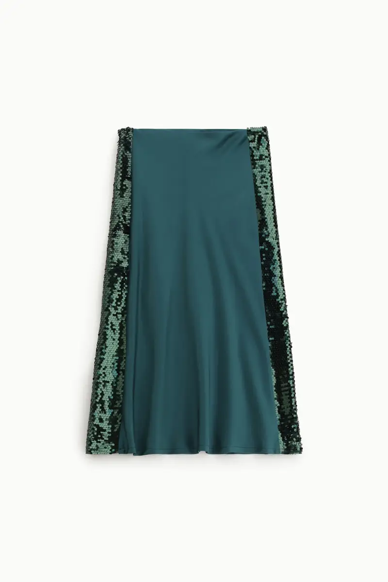 Gonna lunga con pannelli laterali a paillettes Verde scuro