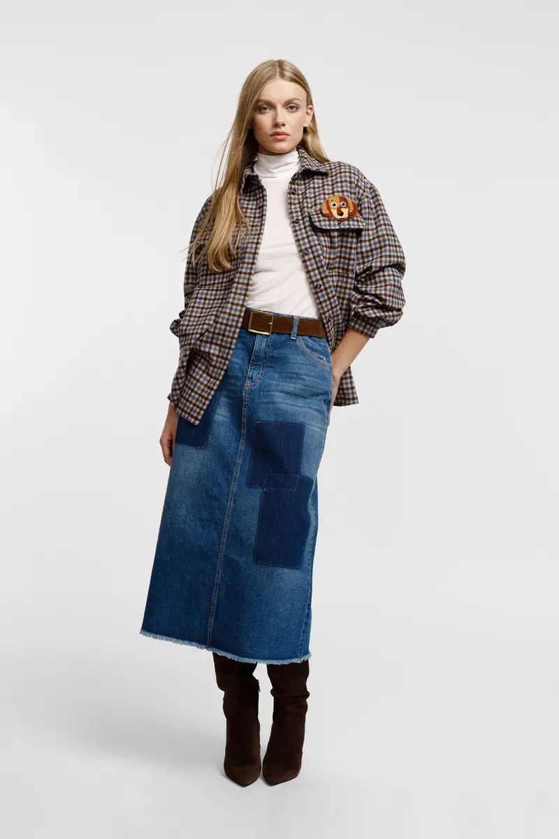 Gonna lunga con patch denim e frange Blu denim miniatura 2
