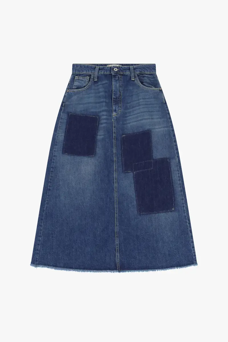 Gonna lunga con patch denim e frange Blu denim