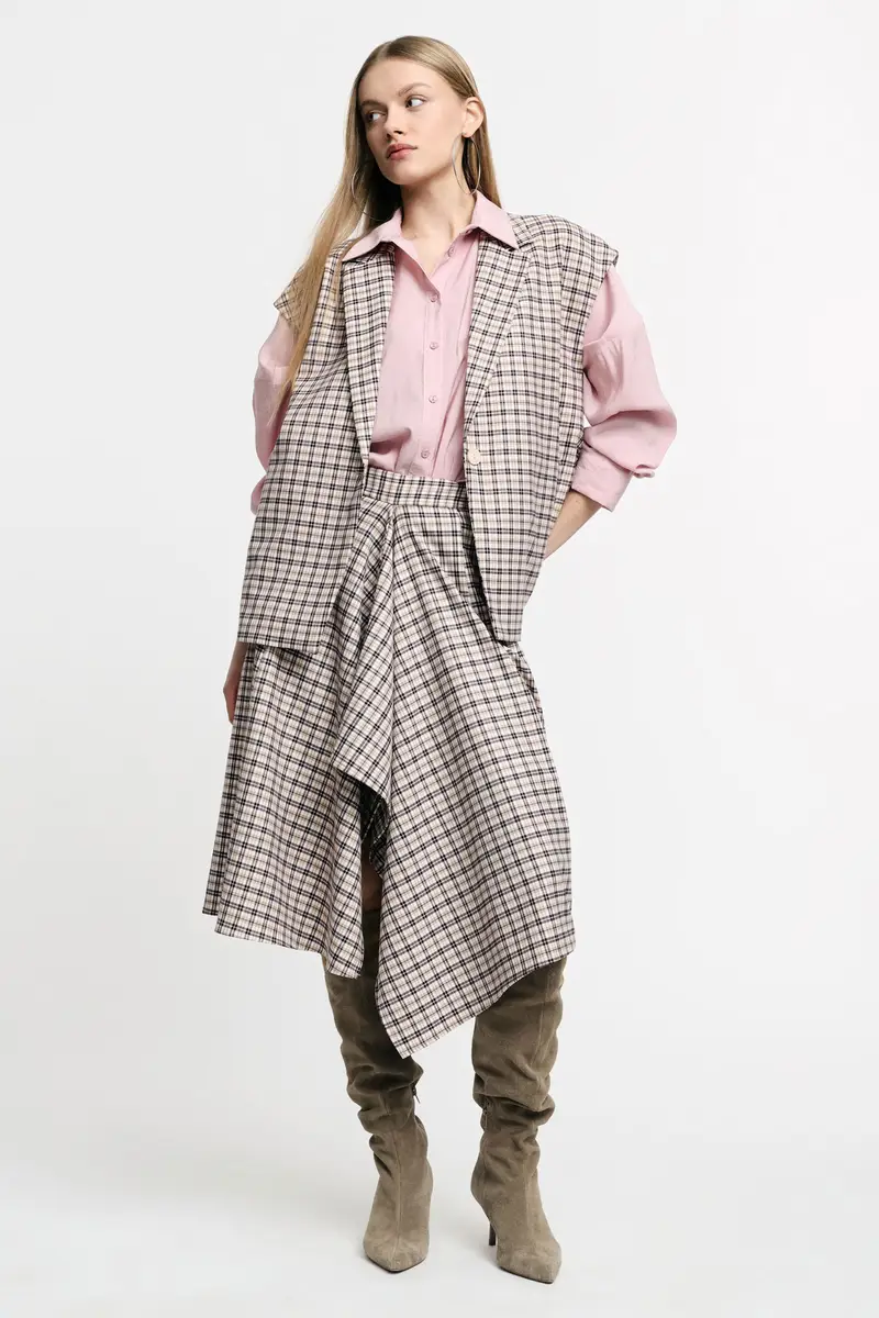 Gonna midi a vita alta con motivo a quadri asimmetrico Beige miniatura 2