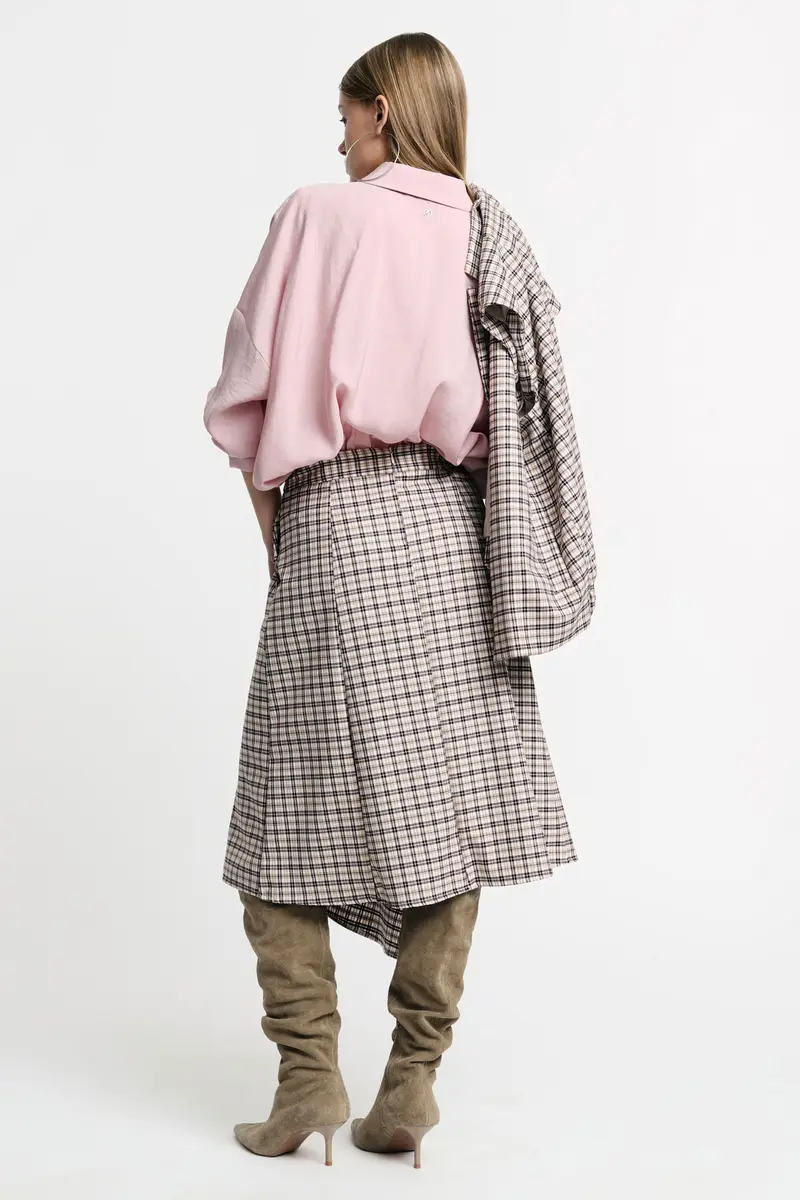 Gonna midi a vita alta con motivo a quadri asimmetrico Beige miniatura 3