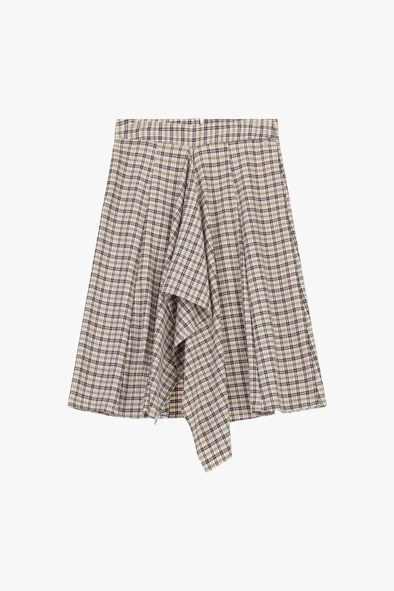 Gonna midi a vita alta con motivo a quadri asimmetrico Beige
