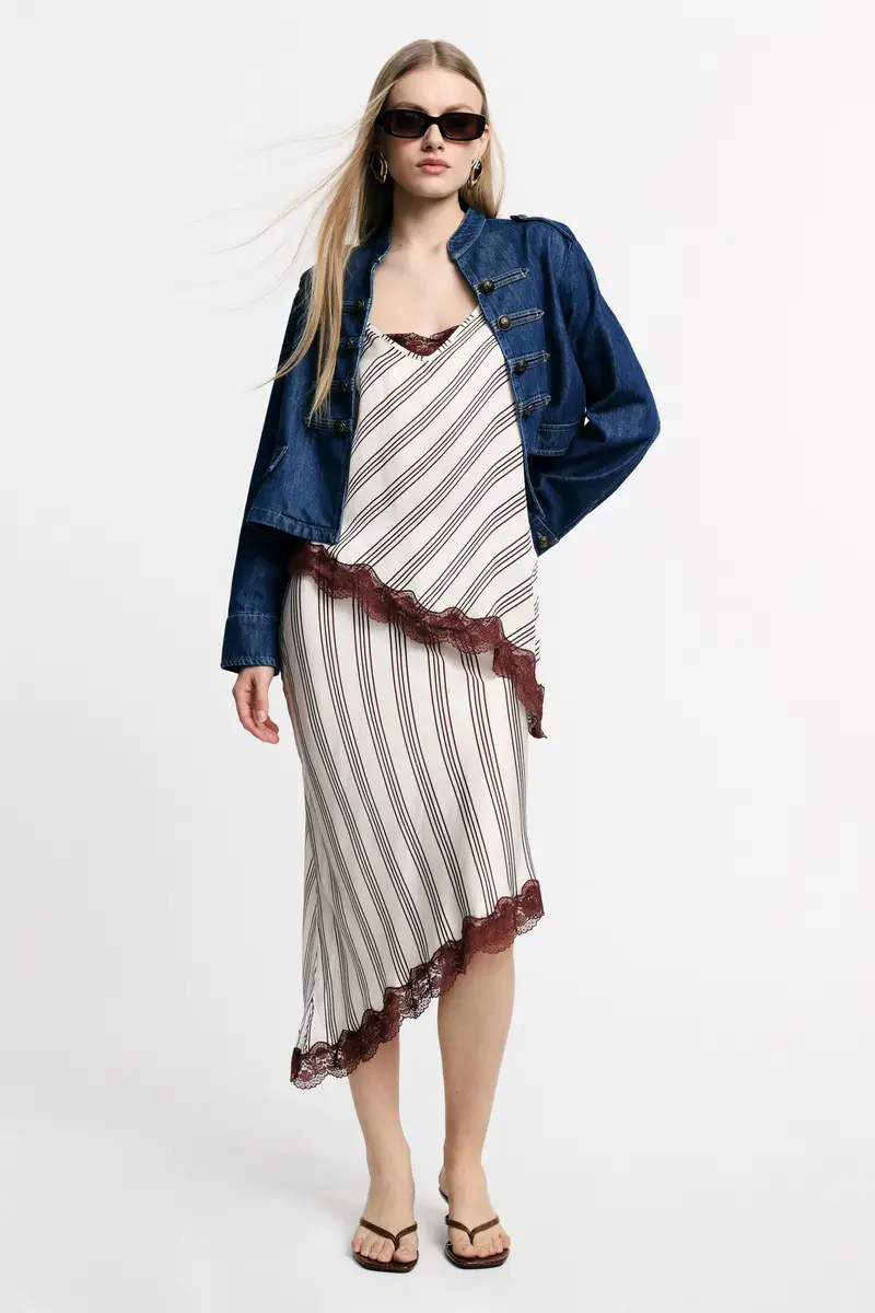 Gonna midi asimmetrica a righe con bordo in pizzo Burro miniatura 2