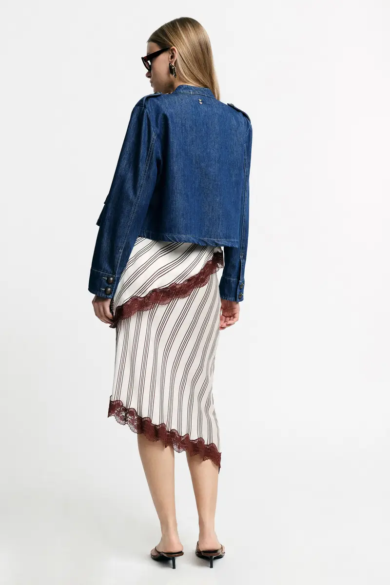 Gonna midi asimmetrica a righe con bordo in pizzo Burro miniatura 3