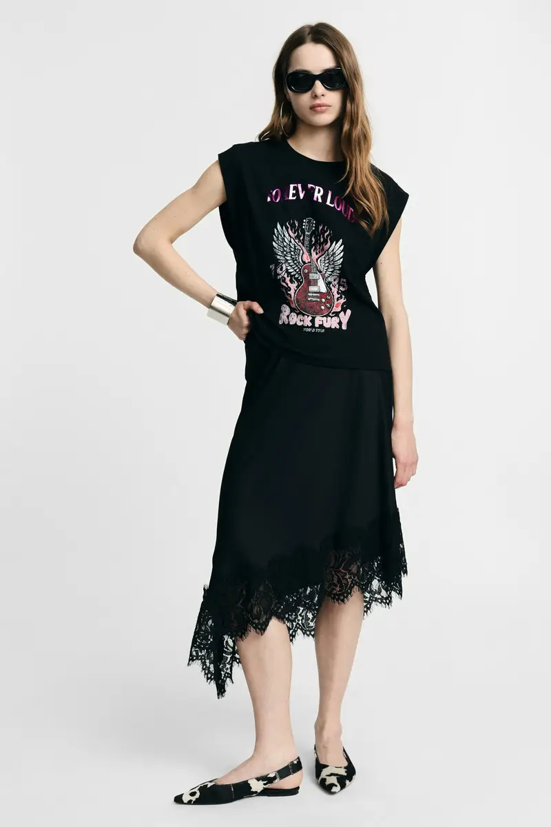 Gonna midi con bordo in pizzo asimmetrico Nero miniatura 4