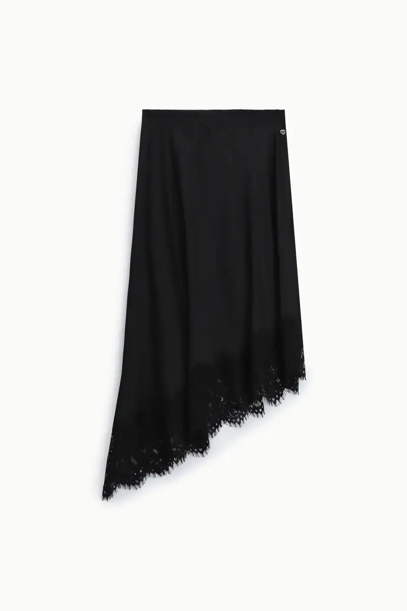 Gonna midi con bordo in pizzo asimmetrico Nero