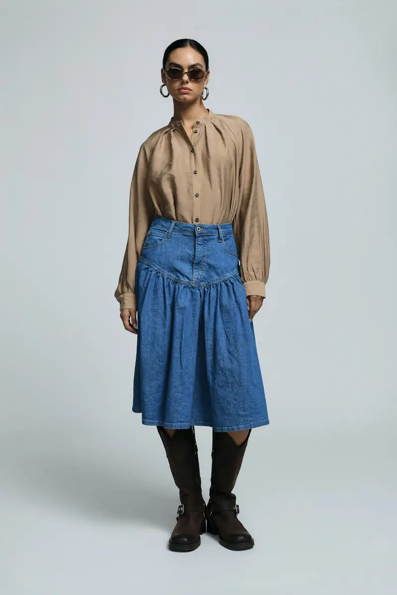 Gonna midi denim con vita alta e tasche Blu denim miniatura 2