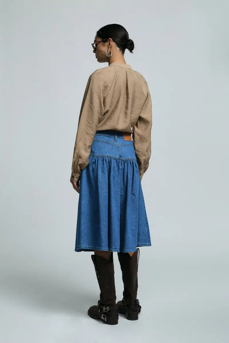 Gonna midi denim con vita alta e tasche Blu denim miniatura 4