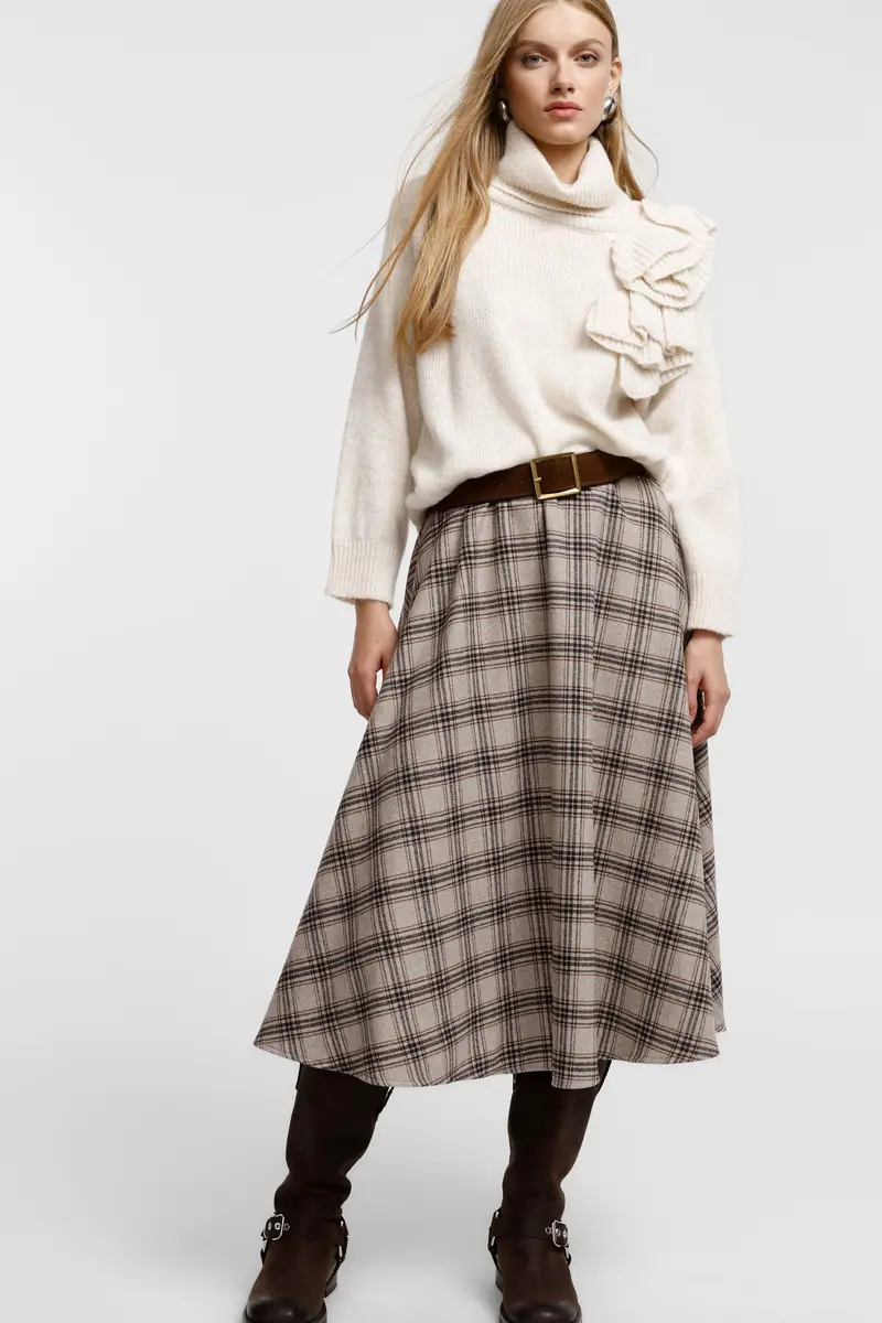 Gonna midi stampata a vita alta con elastico Beige miniatura 2