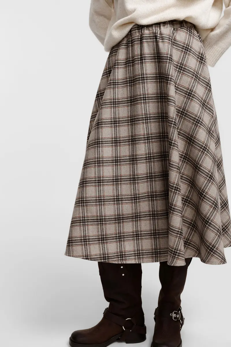 Gonna midi stampata a vita alta con elastico Beige miniatura 4