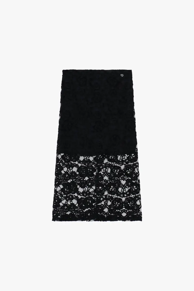 Gonna midi stampata con inserti in pizzo trasparente Nero