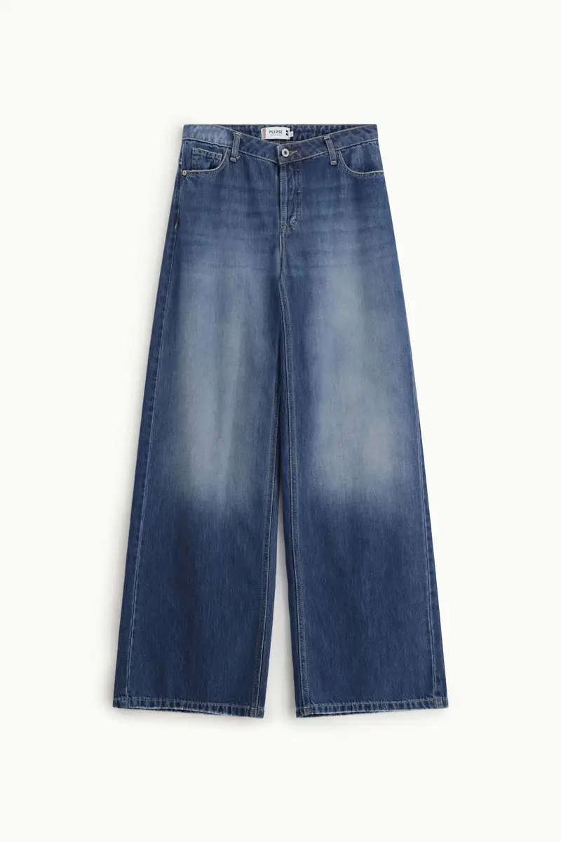 Jeans a gamba ampia vita alta con tasche applicate Blu denim