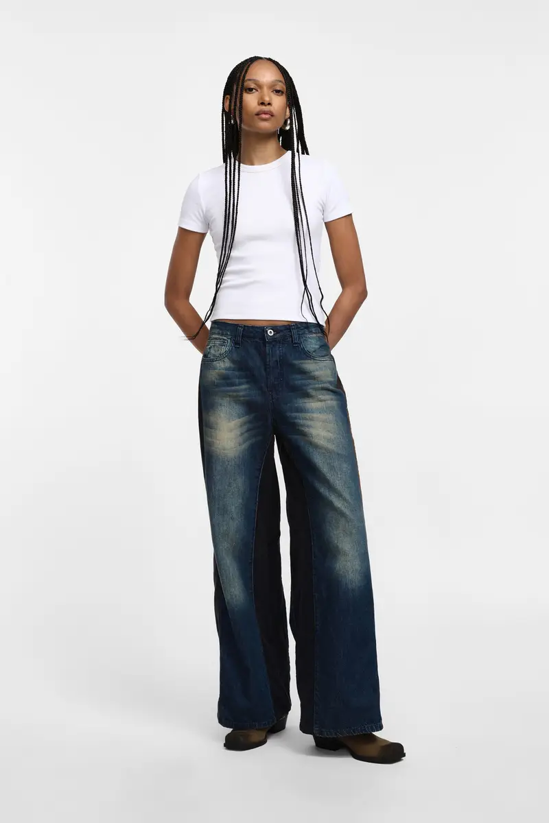 Jeans a zampa con blocchi di colore Blu denim miniatura 2