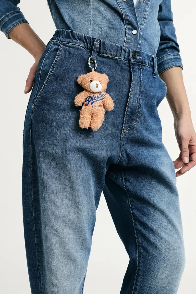 Jeans baloon fit con vita alta e portachiavi orsetto Blu denim miniatura 4