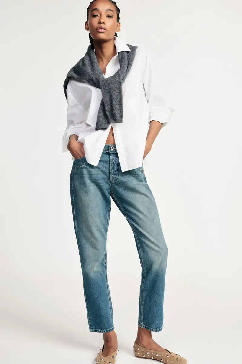 Jeans straight-leg con borchie decorative e lunghezza regular Blu denim miniatura 2