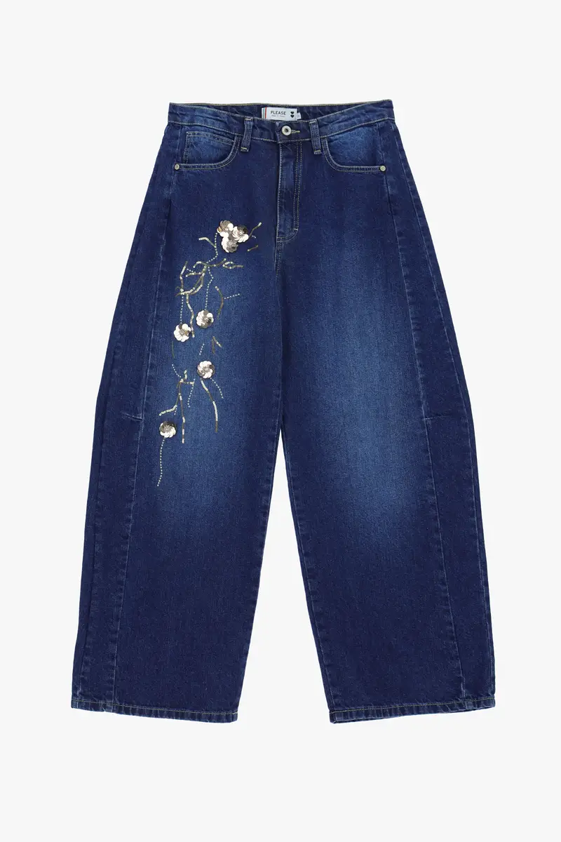 Jeans wide leg vita alta con ricamo floreale Blu denim