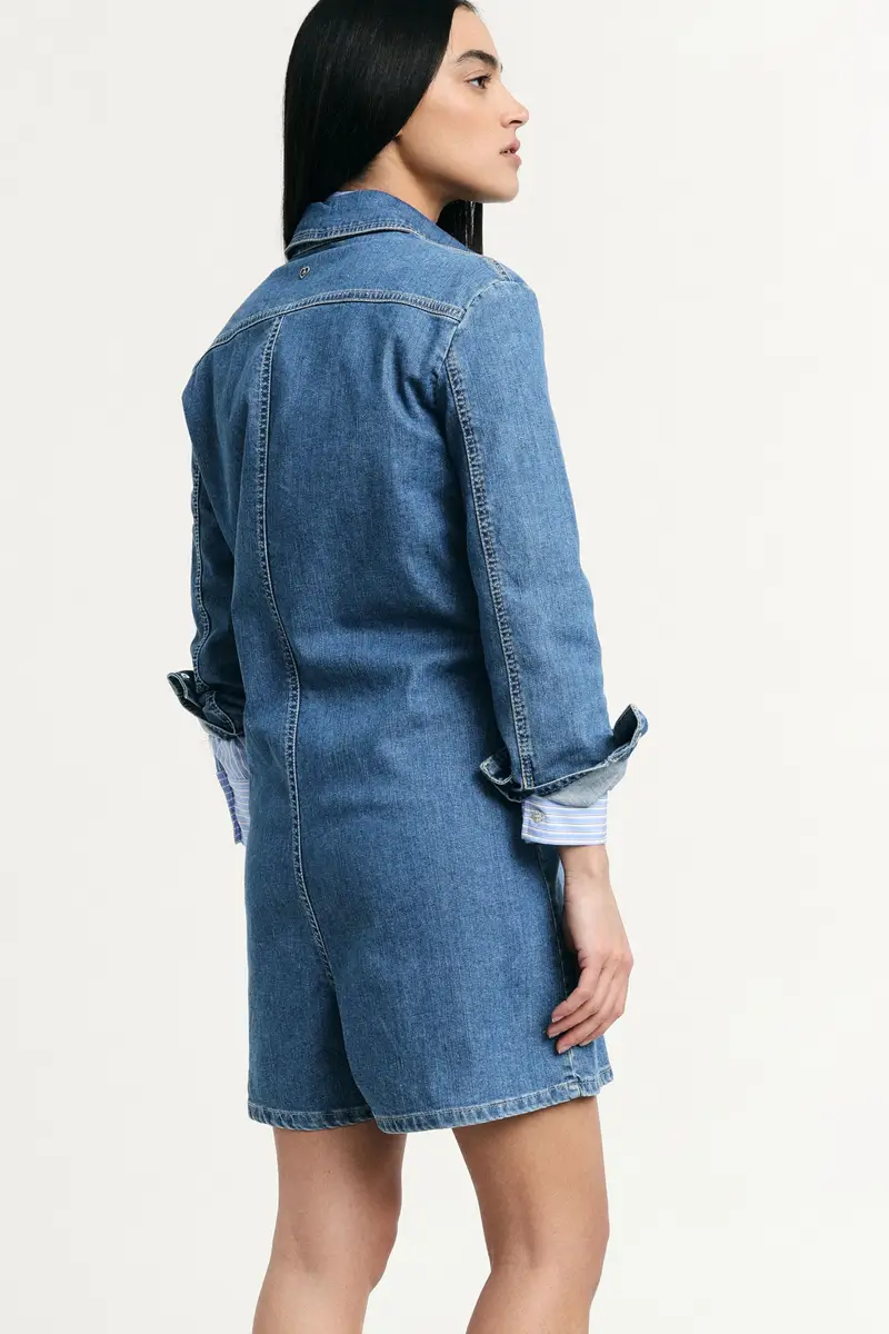 Jumpsuit corta con tasche frontali e maniche lunghe Blu denim miniatura 3