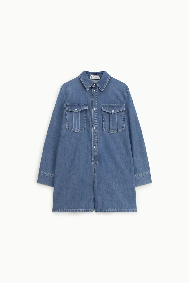 Jumpsuit corta con tasche frontali e maniche lunghe Blu denim