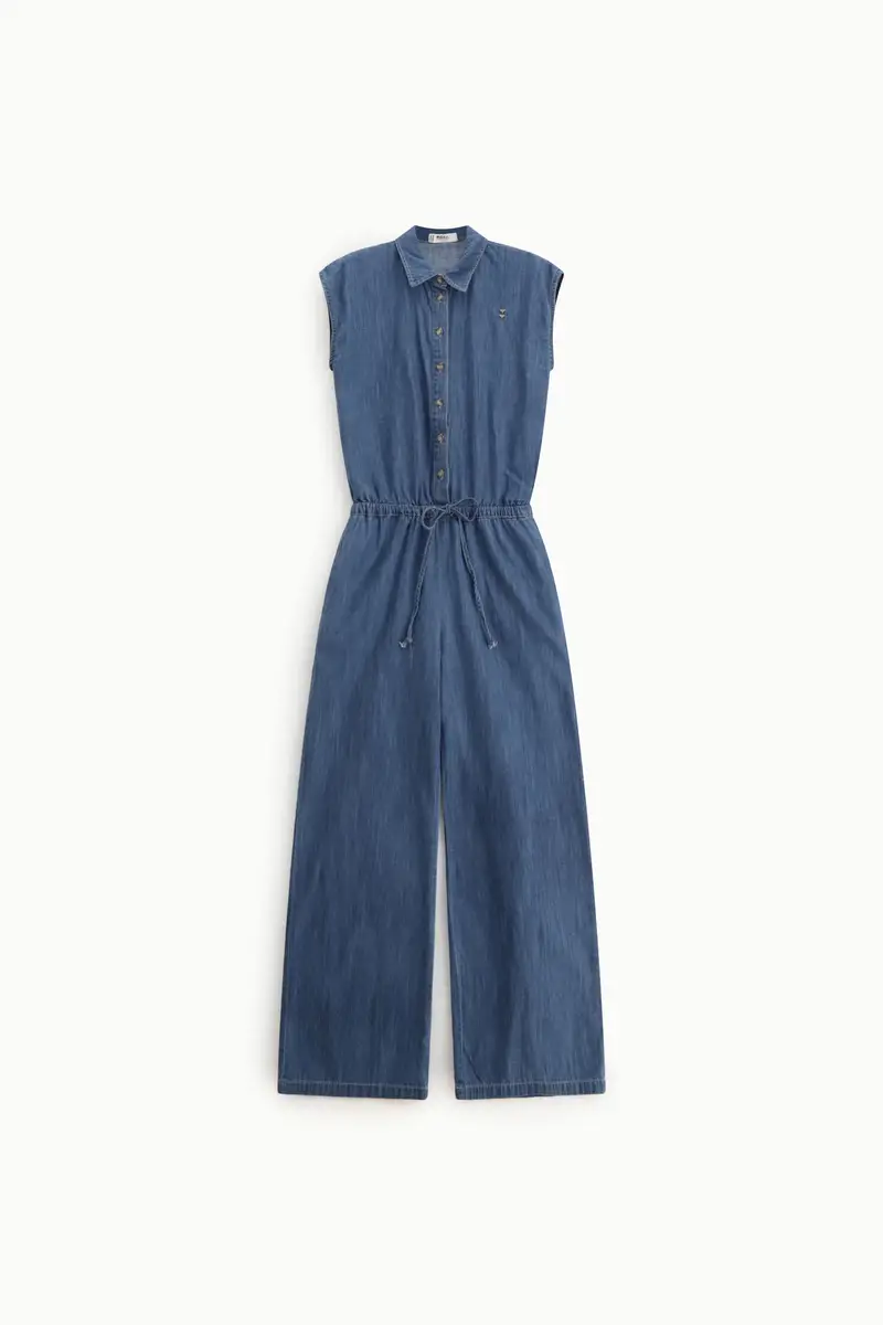 Jumpsuit lunga con coulisse e bottoni frontali Blu denim