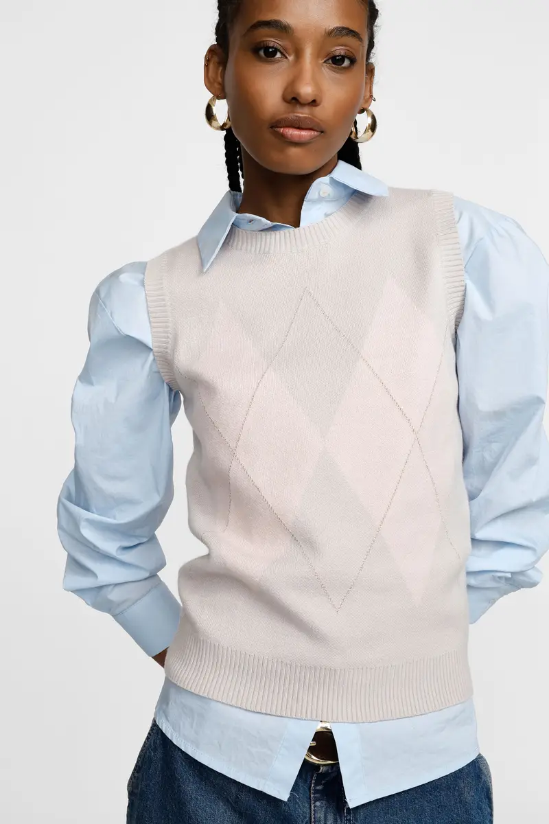 Maglia smanicata con motivo rombi e girocollo Grigio miniatura 2