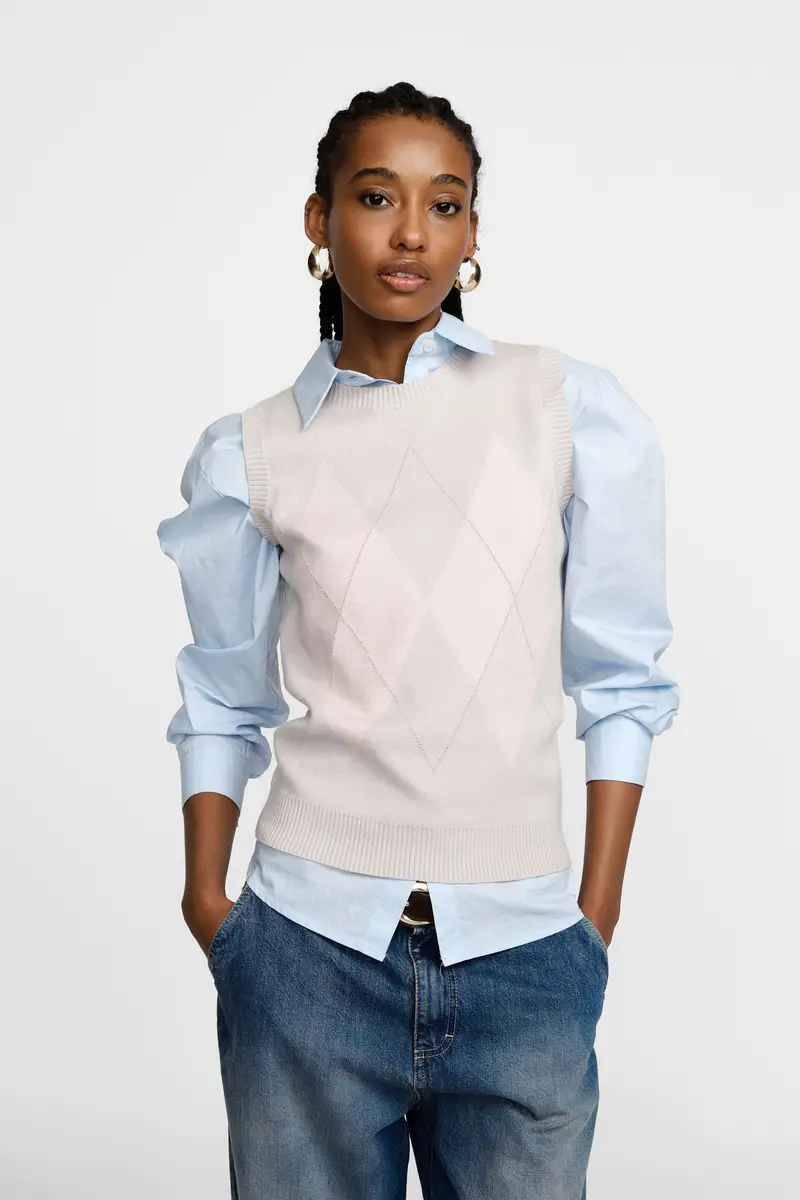 Maglia smanicata con motivo rombi e girocollo Grigio miniatura 3