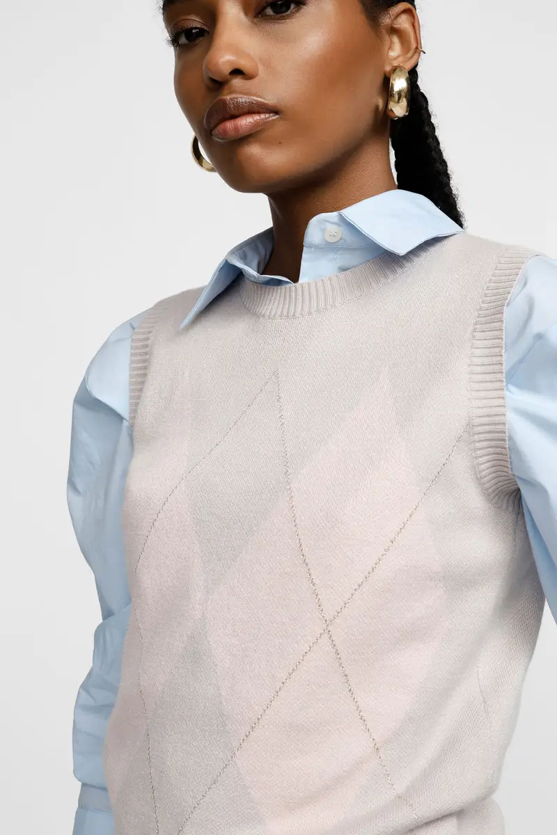 Maglia smanicata con motivo rombi e girocollo Grigio miniatura 4