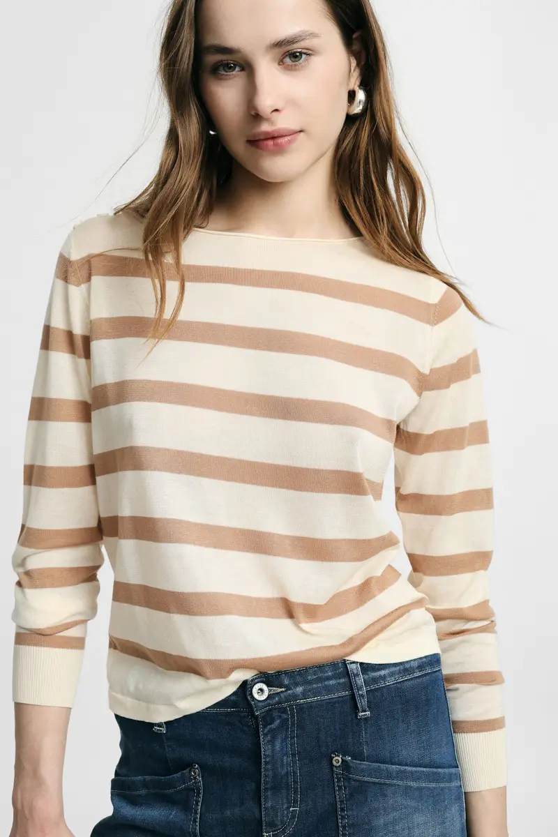 Maglione a righe con scollo a barca e maniche lunghe Panna miniatura 2