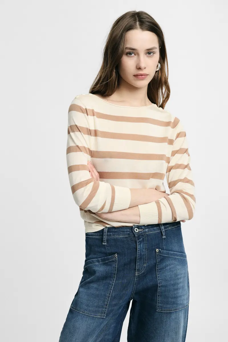 Maglione a righe con scollo a barca e maniche lunghe Panna miniatura 4