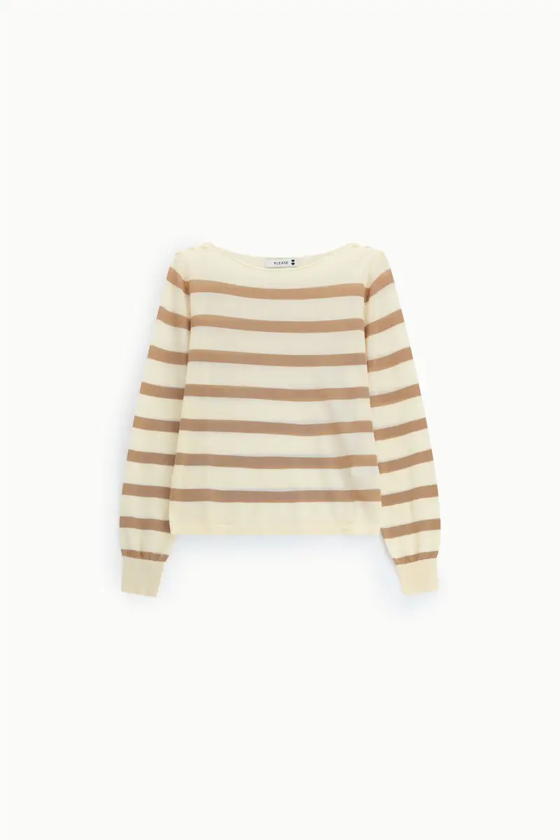 Maglione a righe con scollo a barca e maniche lunghe Panna