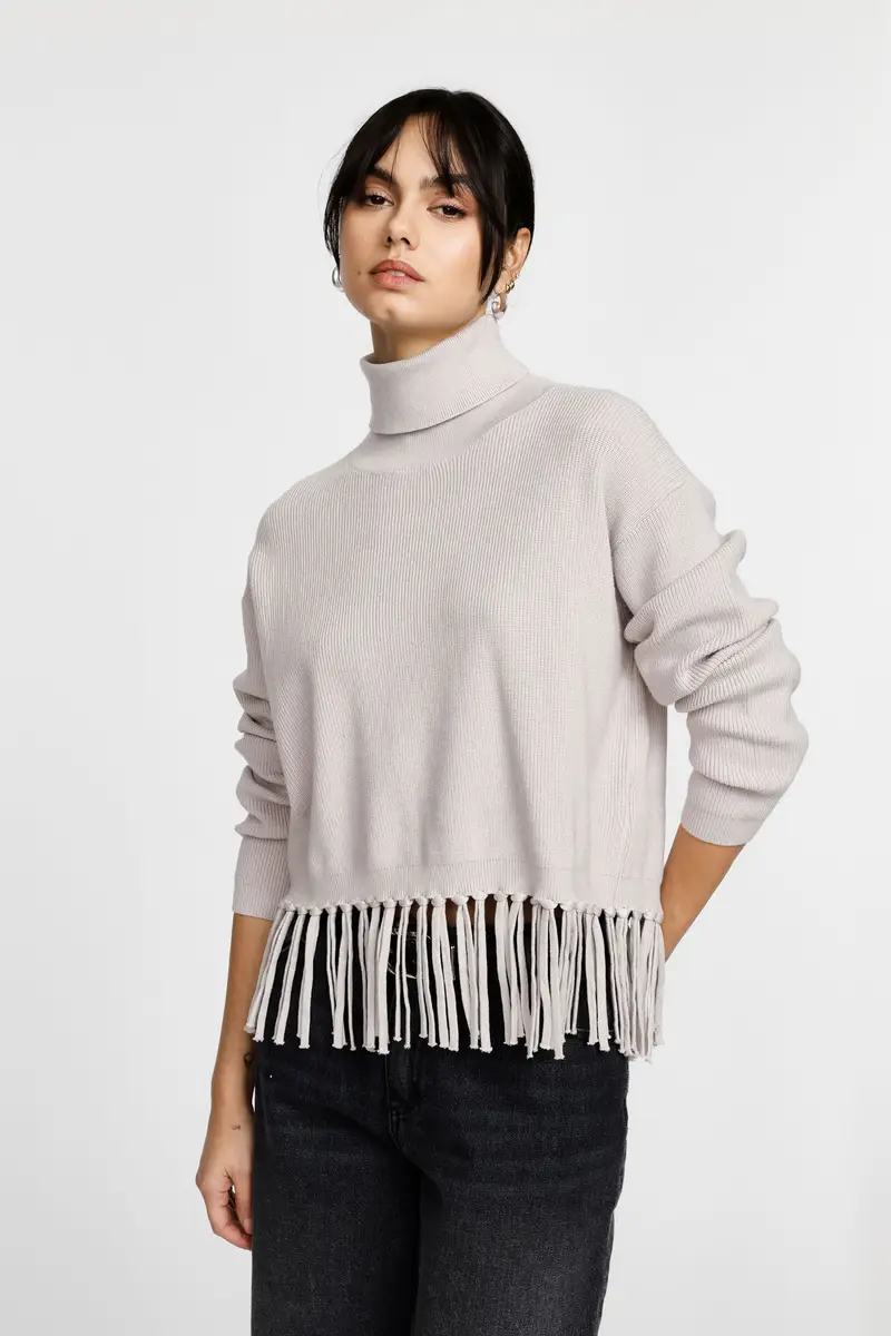 Maglione collo alto con frange sul fondo Grigio perla miniatura 2