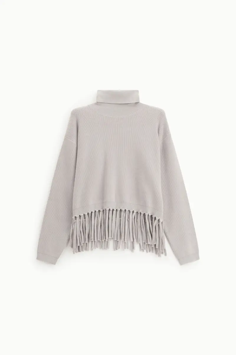 Maglione collo alto con frange sul fondo Grigio perla