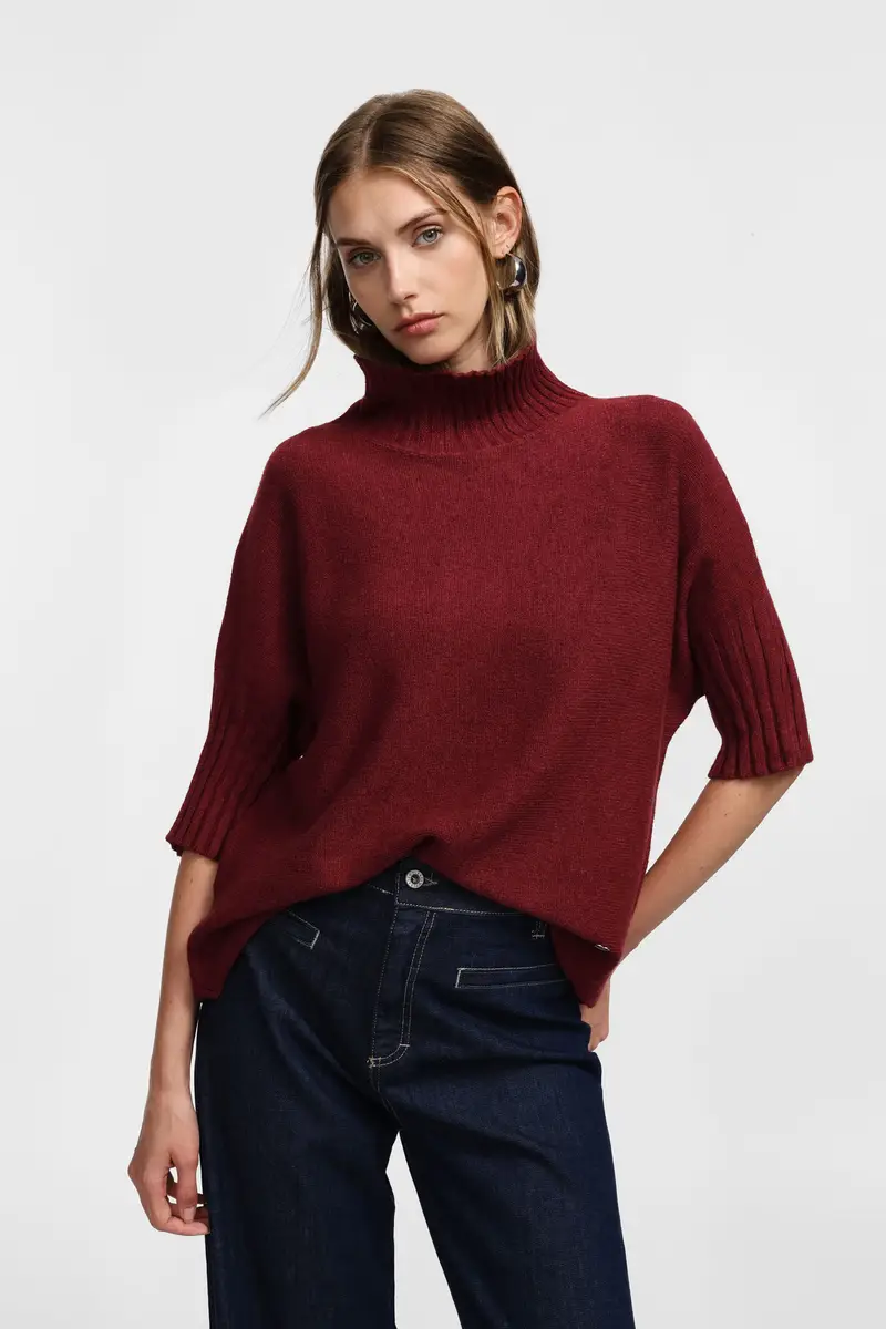 Maglione collo alto maniche al gomito Bordeaux miniatura 2