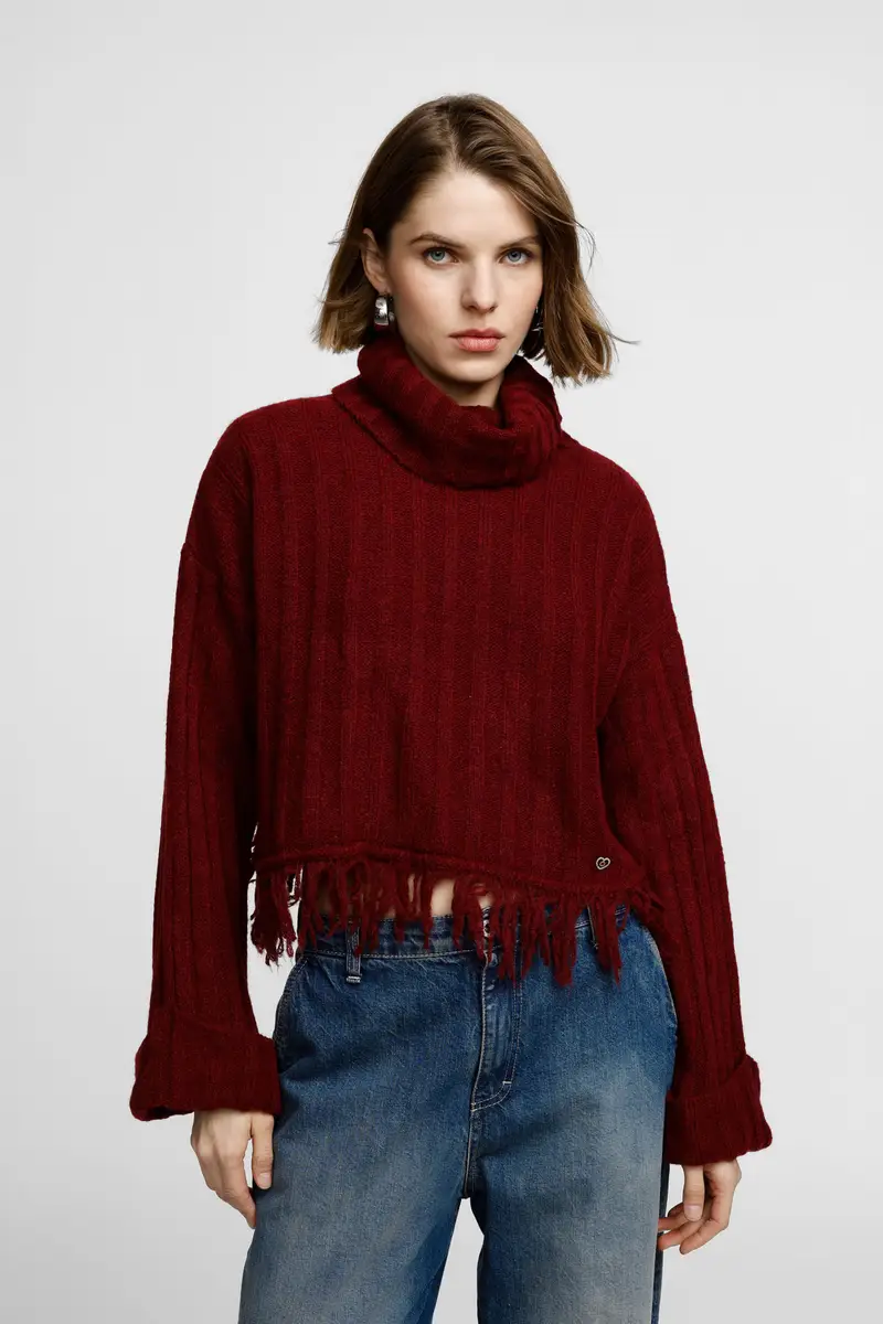 Maglione corto a collo alto con frange Bordeaux miniatura 2
