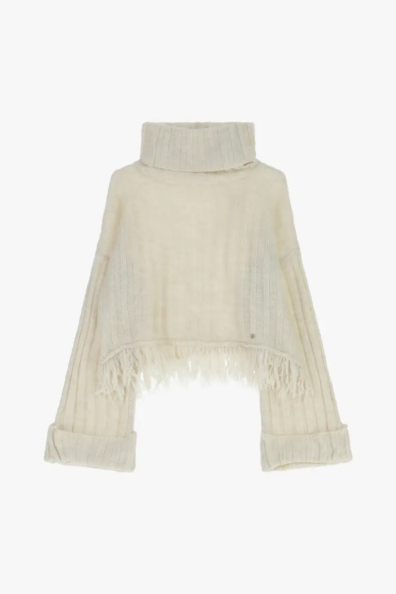 Maglione corto a collo alto con frange Panna