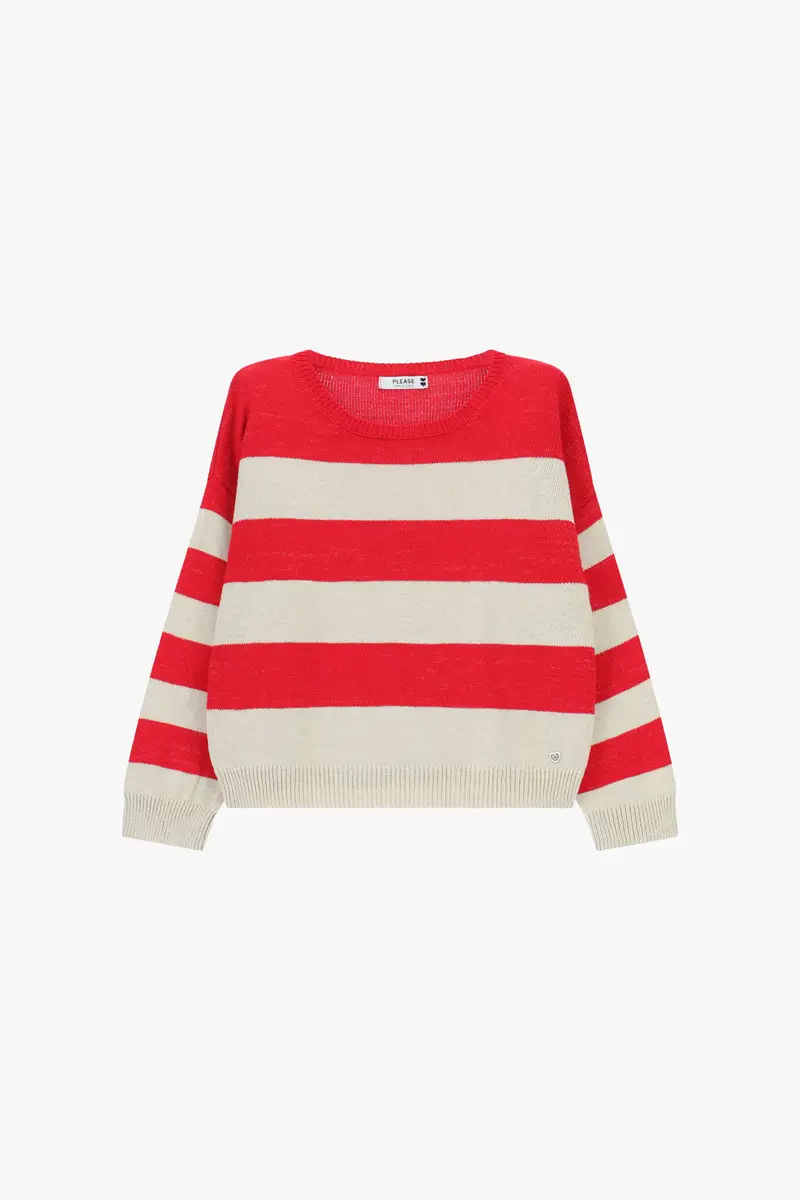 Maglione girocollo a righe con maniche lunghe Beige