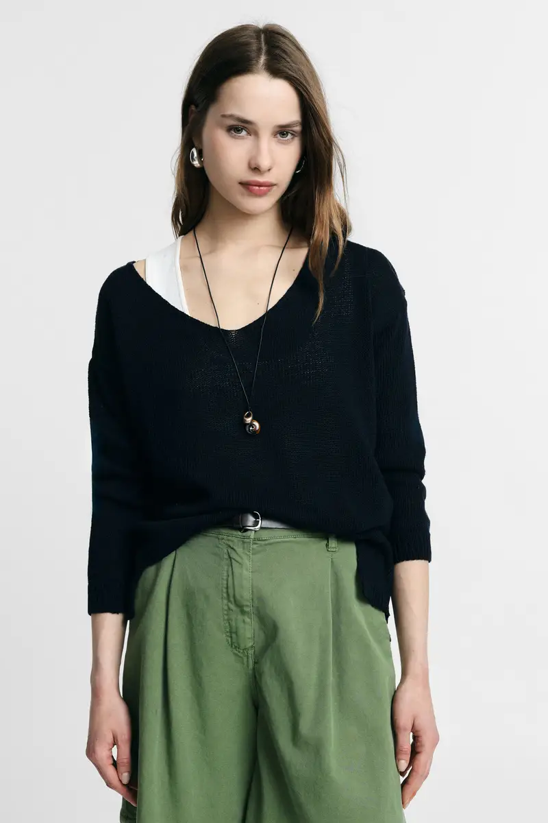 Maglione girocollo ampio con spacchi laterali Blu scuro miniatura 2