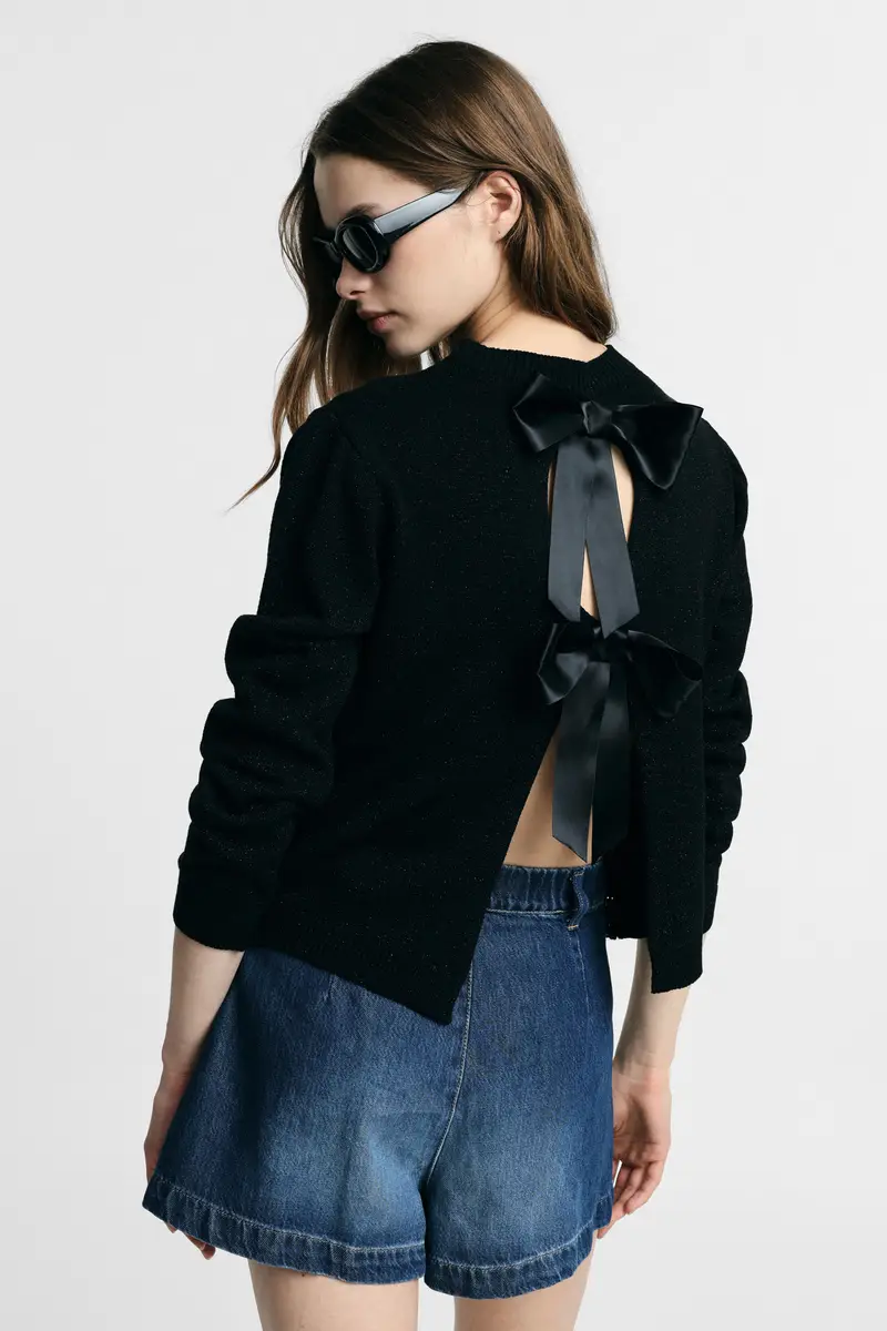 Maglione girocollo maniche lunghe con fiocchi Nero miniatura 3